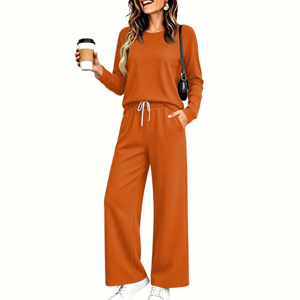 Women's Pajama Set with Pockets, Long Sleeve Round Neck Loose Fit Sleepwear for Home