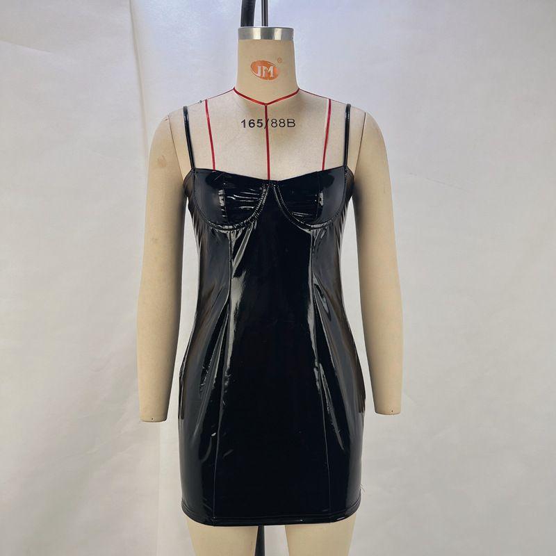 

Outfitgirl Bar Night Club Style Red Sexy Hip Skirt Sexy Silm Chest-Flattering Pu Sling Dress Black S