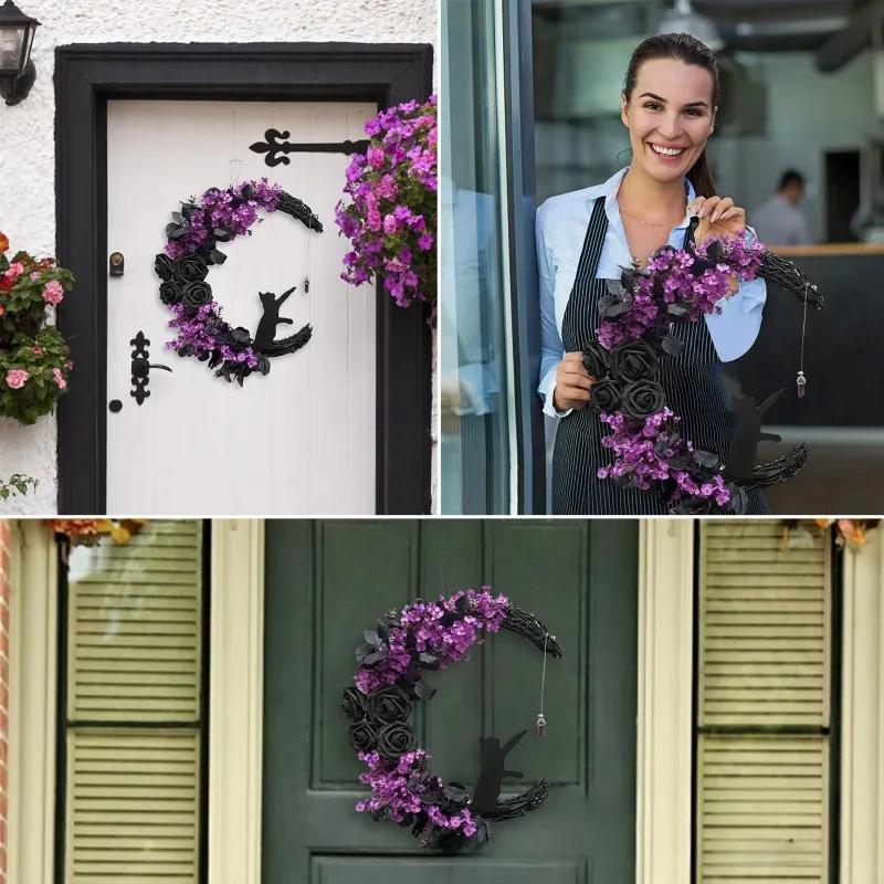 1 Pcs Halloween Moon Cat Garland With Rose Black Decorations Halloweens Garland Wreath For Front Door Door Decor