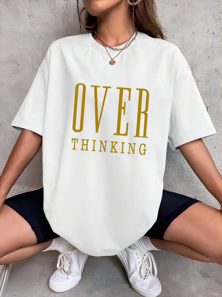Over Thinking Letter Print Women Cotton Short Sleeve Breathable Vintage ONeck Tops Allmath Casual TShirts Female Tee Clothing