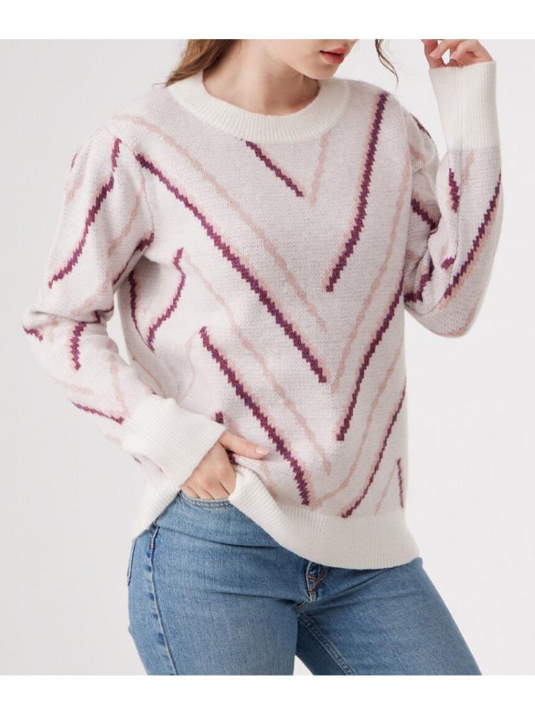 Autumn Winter Round Neck French Vintage Commuter Slim Fit Pullover Versatile Patterned Women's Knitted Sweater Luxurious Relaxed Versatile Top