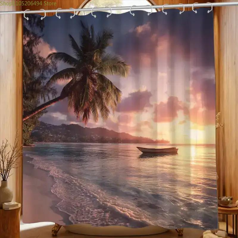 1pc Bathroom Shower Curtain, Sailboat Sunset Cruise, Tropical Theme Shower Curtain, Includes 12 Hooks, 180*180cm Bathroom Curt