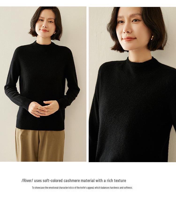 Women's Cashmere Half-High Collar Sweater: Autumn/Winter Style, Twelve-Stitch Rolled Hem, Loose Slimming Knit Base Layer