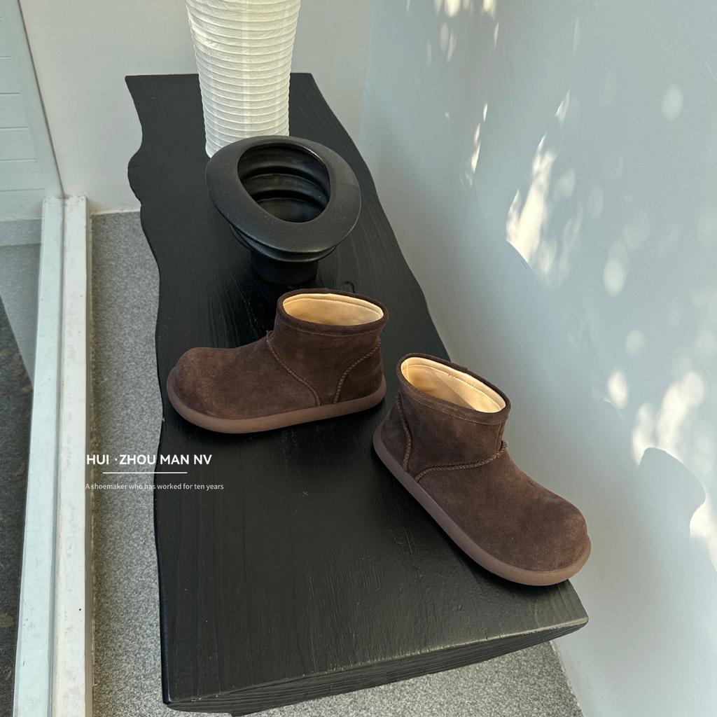 Rindslederversion~ Retro runde Zehe hässlich süße kurze Stiefel Damen Samt Low-Top Schneestiefel warm große Baumwollschuhe dicksohlige flauschige Stiefel