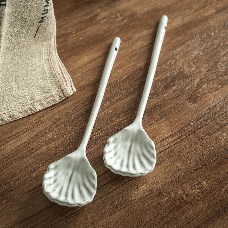 Unique Rare Long-Handled Scallop Spoon, Relief Ceramic Spoon, Household Tableware Spoon, Hotel Creative Meal Spoon