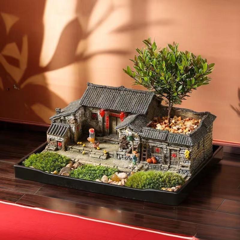 Retro Farmhouse Courtyard Miniature: Nostalgic Desktop Bonsai Decor for Living Room