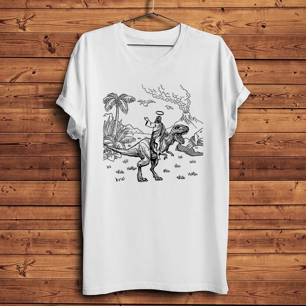 Prähistorischer Jesus reitet auf Dinosaurier Lustiges T-Shirt, Herren Männer Freizeit Kurzarm T-Shirt, Streetwear