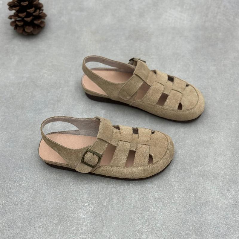 

Fashion GKTINOO 2025 Summer New Round Toe Woven Genuine Leather Flat Sandals Retro Cow Suede Versatile Women s Shoes 35 абрикосовый