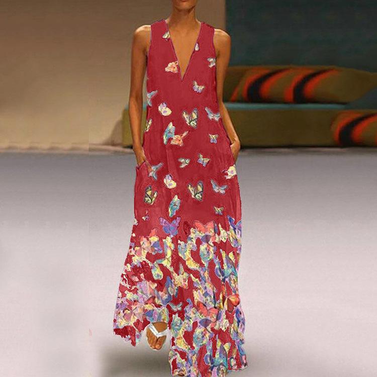Summer Butterfly Print Bohemian Beach Dress V-Neck Sleeveless Long Dress Large Size Women s Clothing S красный