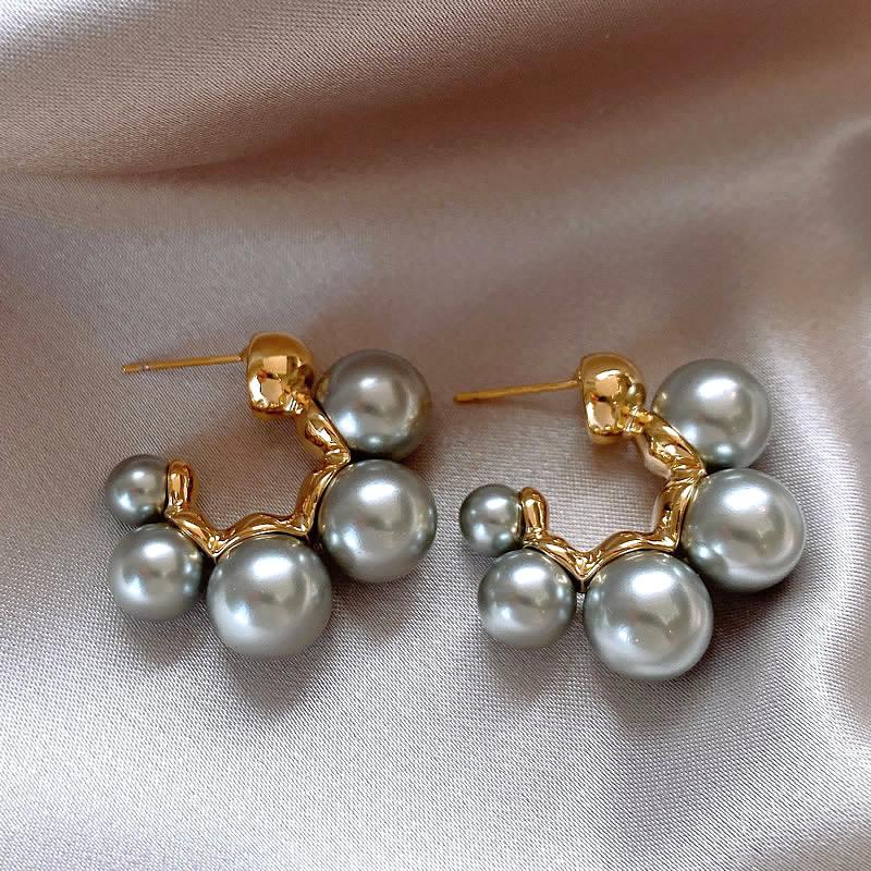 Silver Needle Geometric Pearl Ring Earrings French Premium Temperament Stud Earrings New Versatile Light Luxury Earrings Women