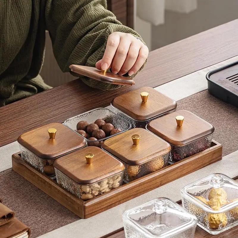 High-grade Solid Wood Glass Fruit Tray Bowl Household Living Room Tea Table Points Snack Candy Dry Fruit Tray Snack Nut Box