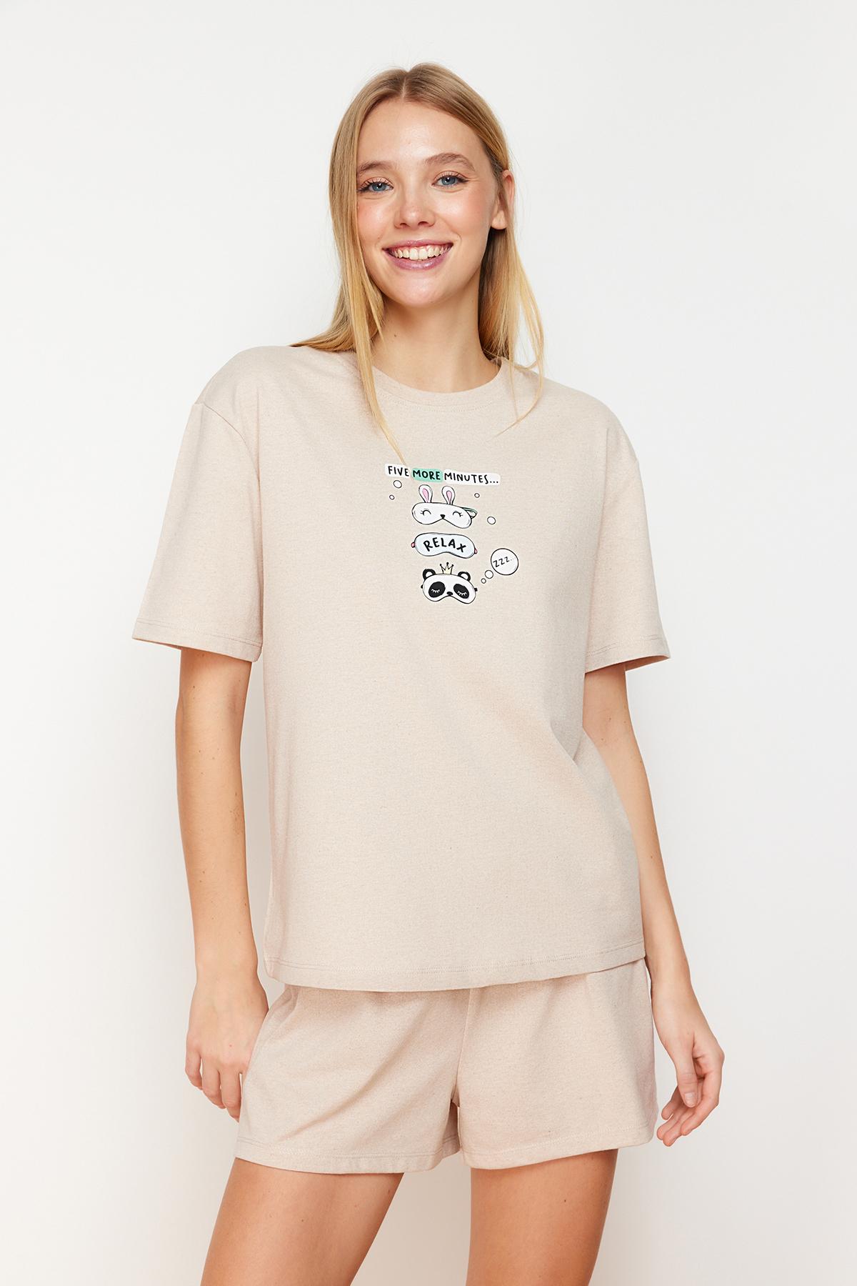 

Женский модный новый пижамный комплект, бежевый хлопковый вязаный пижамный комплект для отдыха с принтом