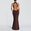 European-American Elegant Halterneck Pleated Slim Gown - Sexy Backless Long Dress
