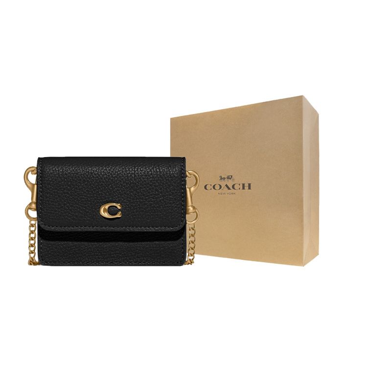 Coach 10 Klappen-Ketten-Umhängetasche Kieselstein-Leder Mini-Crossbody Damen-Taschen Schwarz C6718-B4BK