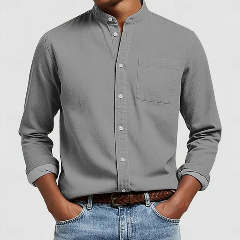 Men's Stand Collar Linen Blend Shirt with Chest Pocket for Daily Wear