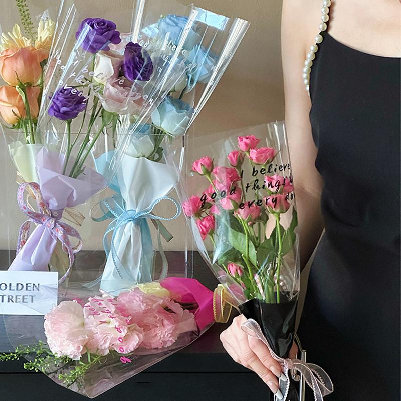 50 pezzi di buste per fiori con maniche a rosa singola, sacchetti per bouquet, in cellophane trasparente, involucri floreali per San Valentino
