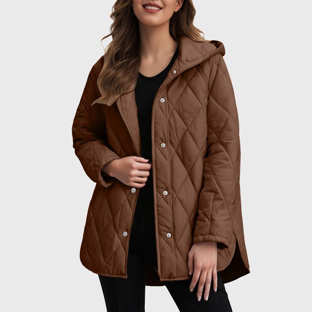 Herbst Winter Mode Jacke Mantel Damen Parkas Freizeit Gewellter Rand Kapuze Baumwolle Gepolsterter Mantel Gitter Muster Oberbekleidung