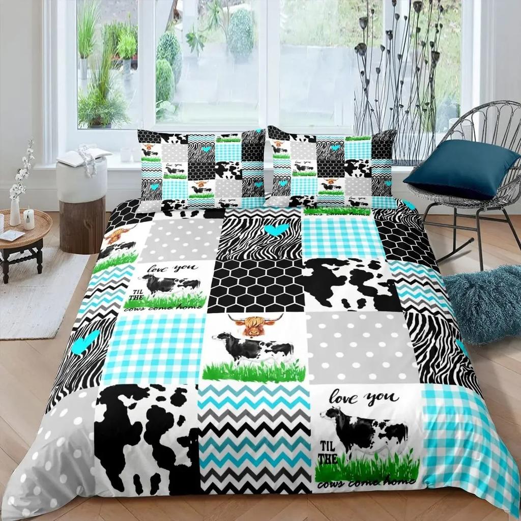 Cows Duvet Cover Set Black and White Milk Cow Print Comforter Cover Animal Theme Bedding Set Room Decor Pink King Quilt Covers