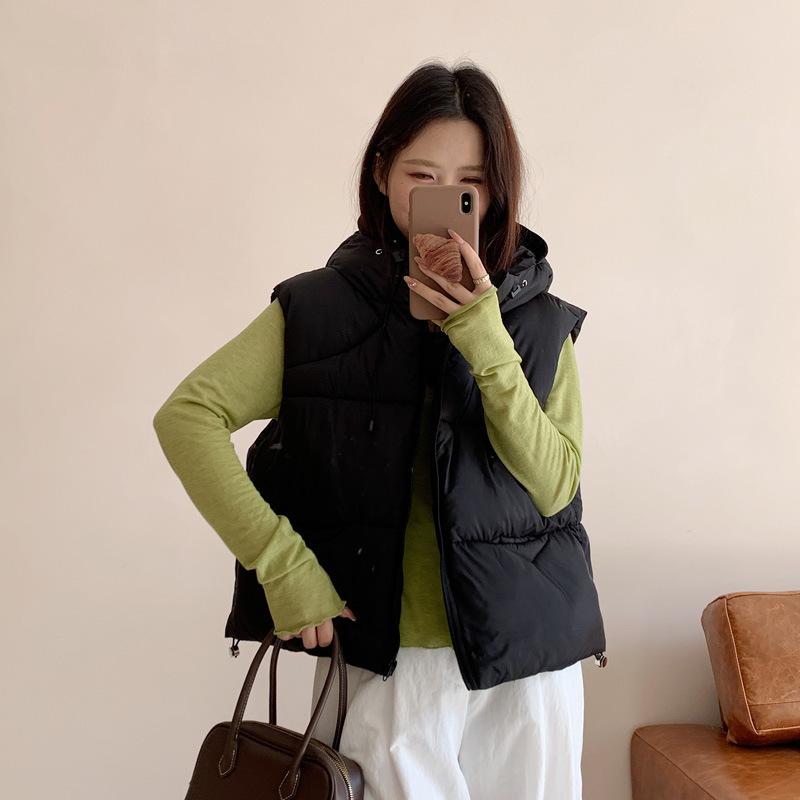 

Женский осенне-зимний короткий хлопковый жилет с капюшоном, утолщенный свободный жилет-куртка 2XL чёрный