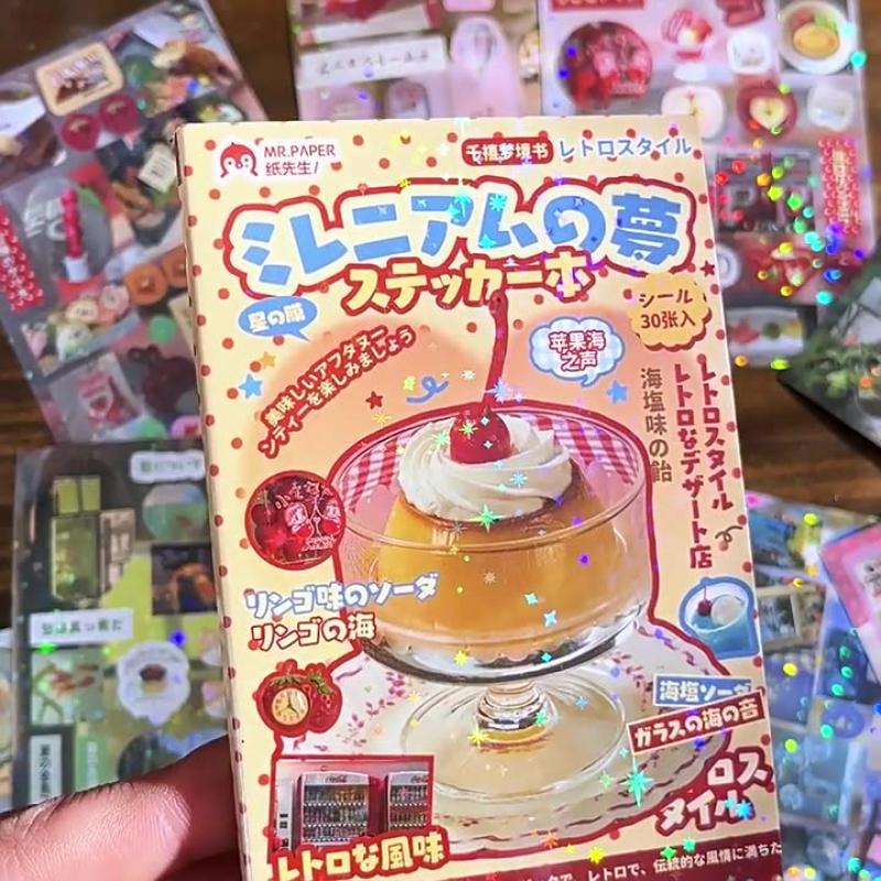 30Sheets Kawaii Japanese Showa Style Cuisine Dessert Glitter Film Sticker Book Diy Handmade Scrapbook Aesthetic Stationery