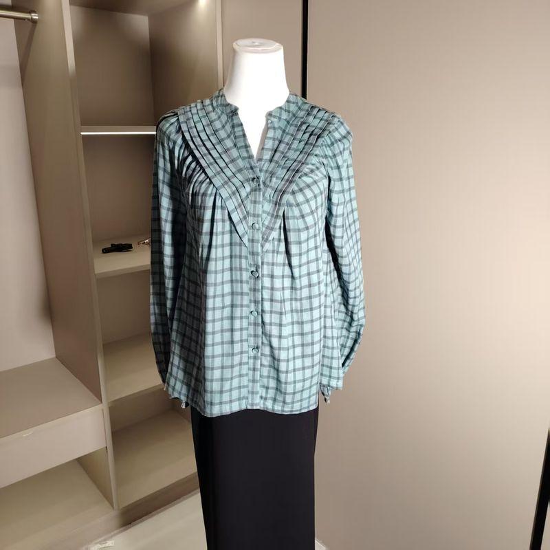 

Cotton and Linen Blended Super Set Comfortable Long Sleeve Gingham V-neck Shirt Green Gingham UK16