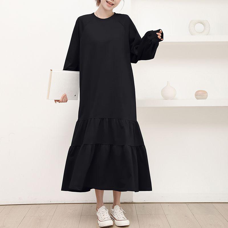 

Japanese and Korean Spring New Hong Kong Style Student Gray round-Collar Loose Mid Length Long Length Casual Long Sleeves Dress Female Dress Black L