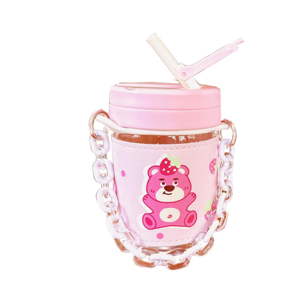 Adorable Bear Pink Straw Cup with Leather Case & Anti-Scalding Design - Portable Bracelet-Style Water Cup for Girls