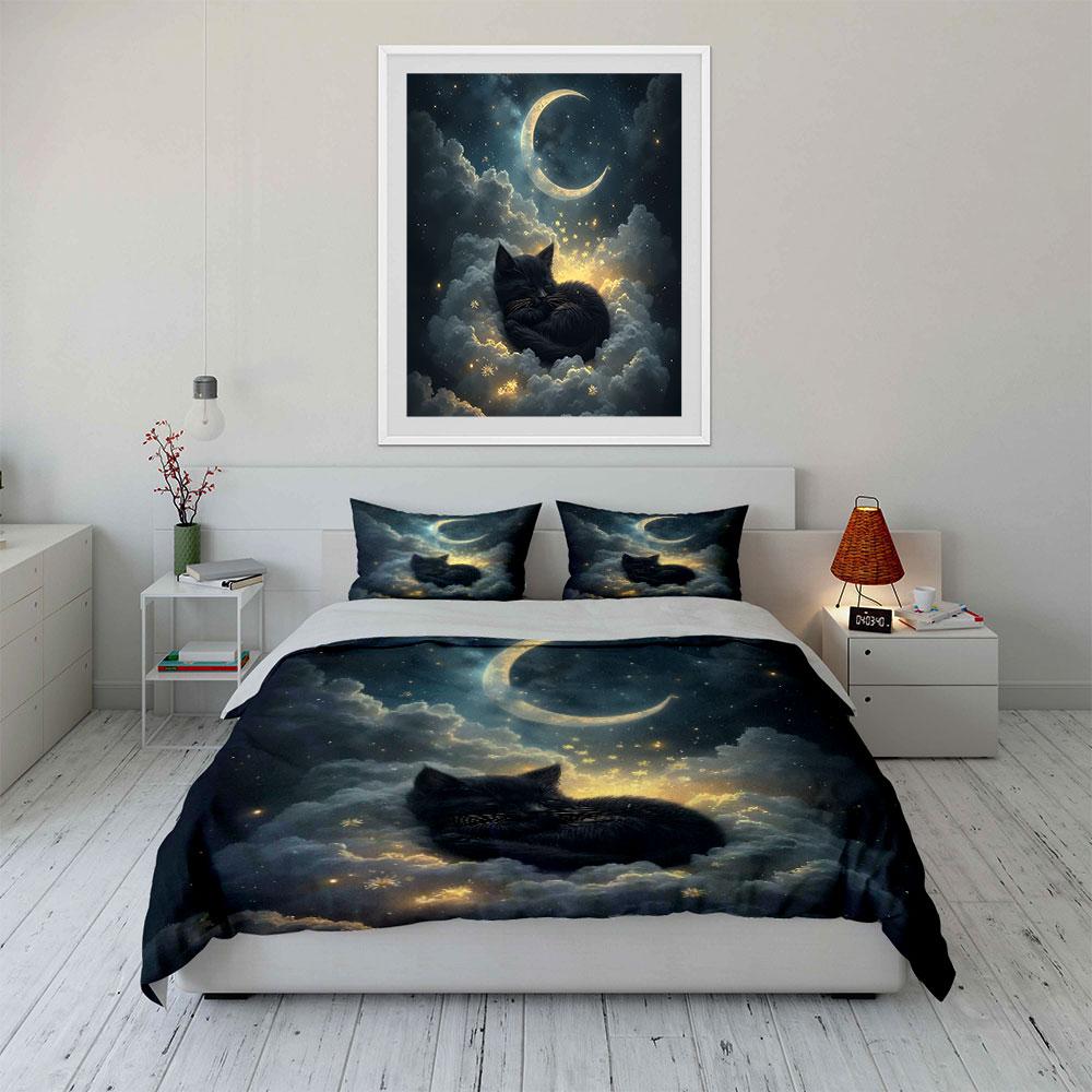 Dreamy Cat On Glowing Clouds Print Bedding Set 1 Duvet Cover 2 Pillowcases for Adult and Children Luxury Gift Full Size