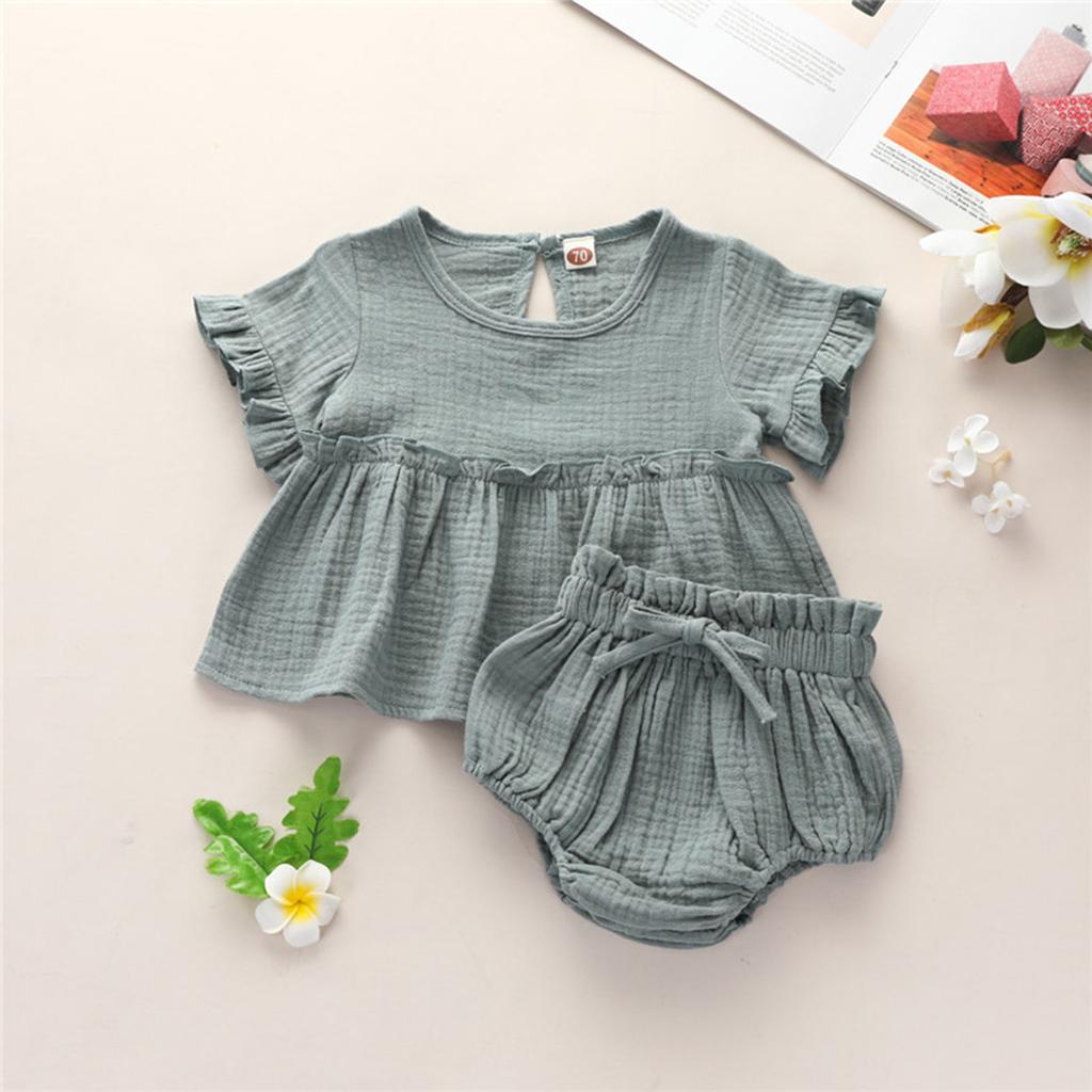 Neugeborenen Baby Mädchen Sommer Rüschen Baumwolle Leinen Solide Tops + Shorts Outfits