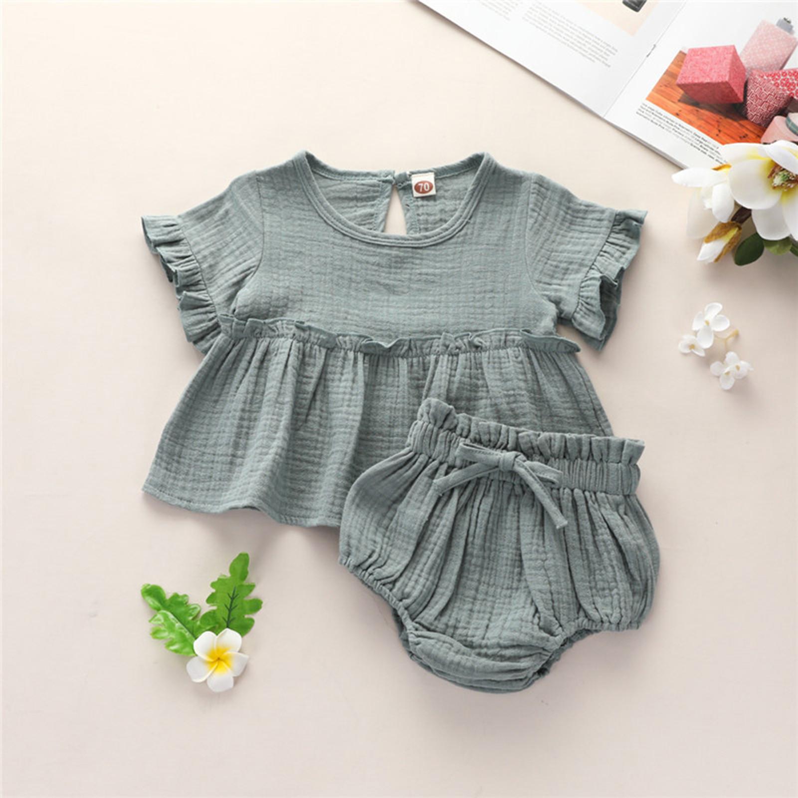 Newborn Infant Baby Girls Summer Ruffled Cotton Linen Tops+Shorts Outfits 80 зелёный