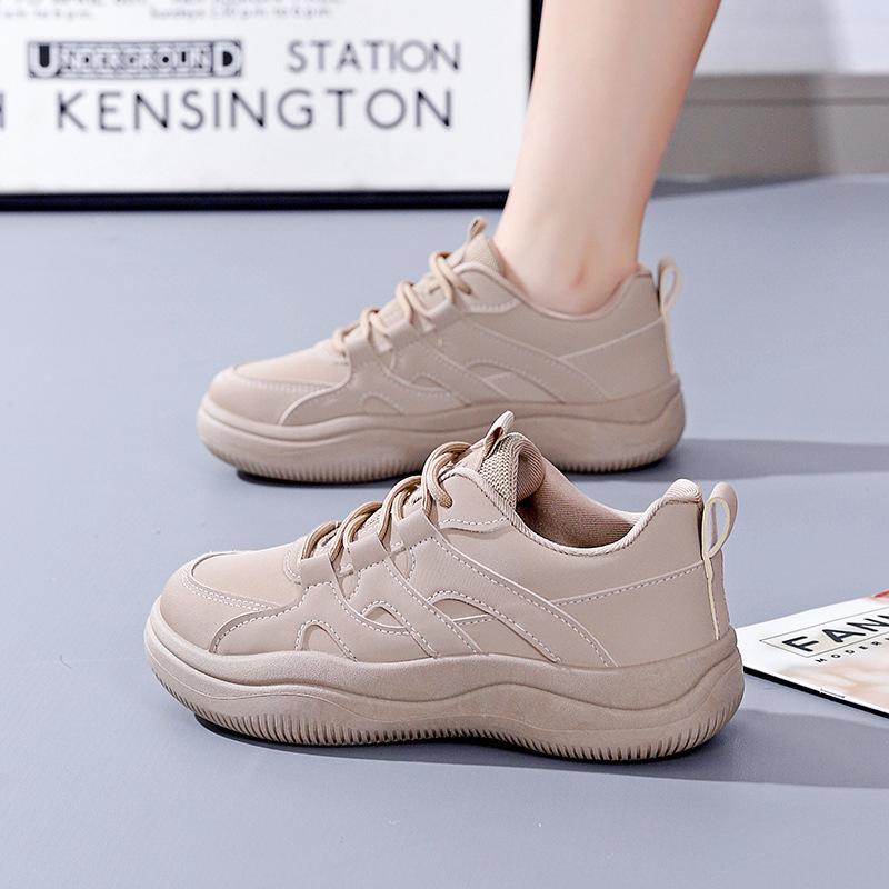 Små hvite damesko vår og høst mote rund tå ensfarget tykksålede sneakers med kryssreim