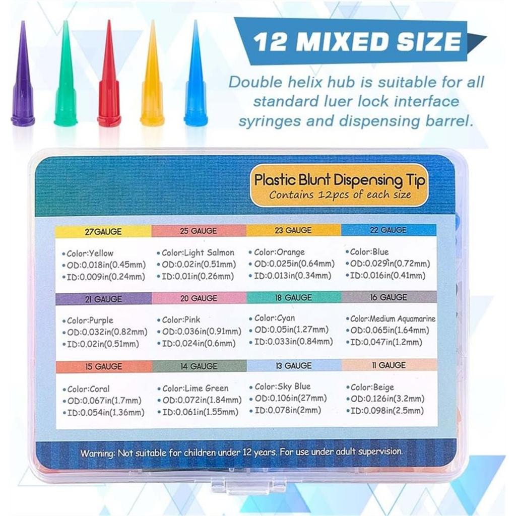120Pcs Blunt Plastic Tapered Tip Plastic Dispensing Tips with 12 Mixed Size for Refilling Glue Fluid Precisely