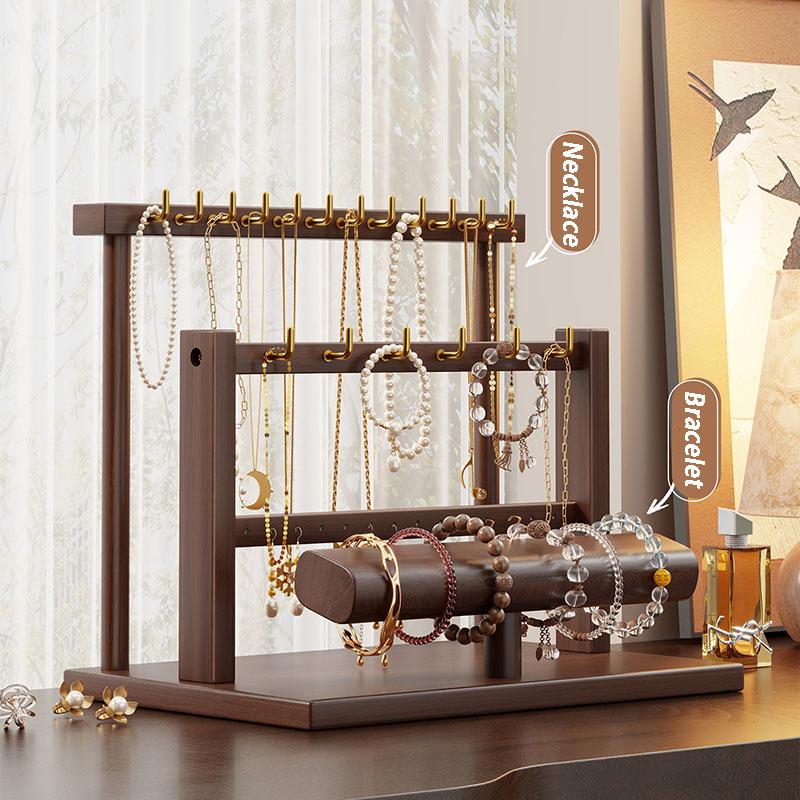 Solid Wood Jewelry Rack Counter Desktop Jewelry Display Stand Retro Walnut Color Bracelet Necklace Organizer Display Holder
