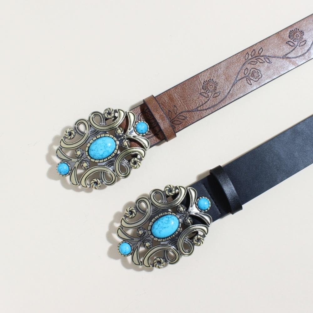 Bohemian Court Style Retro Ethnic Imitation Turquoise Black Decorative Belt Rose Pattern Embossed Wide Belt Female
