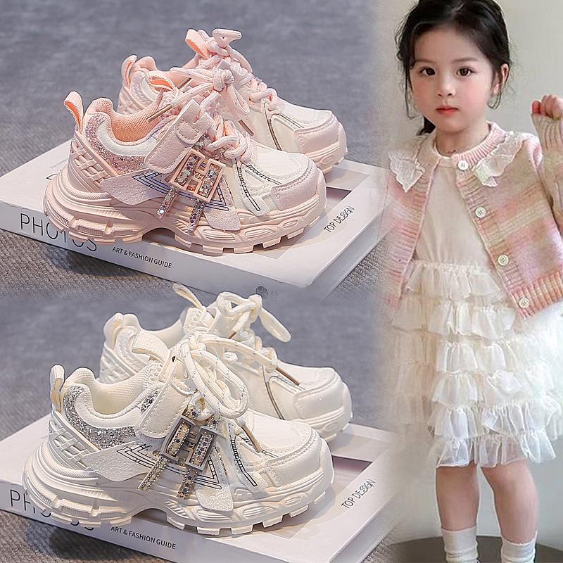 Korean-Inspired Girls' Pink Velcro Sports Shoes - Autumn 2026 Lightweight Dad Sneakers