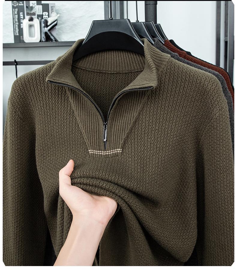 Men's Plus Size Trendy Half-Zip Wool Sweater: Autumn/Winter Fleece Pullover, Warm Casual Knit.