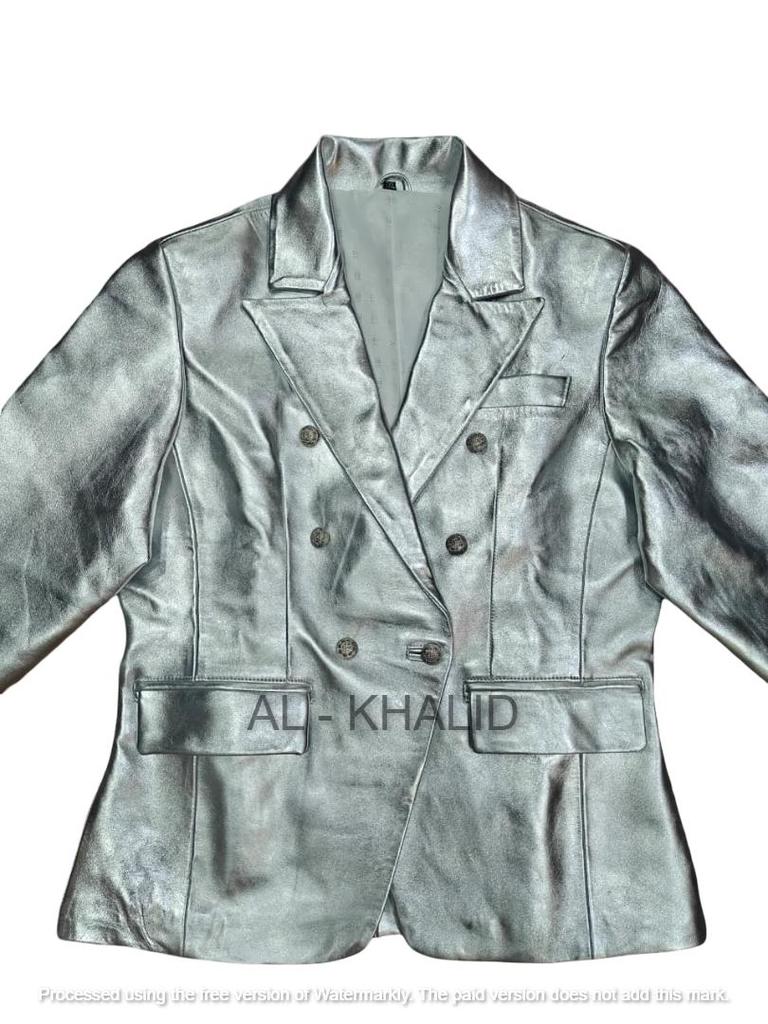 AL KHALID Äkta Lammskinn Läder Handgjord Dam Silver Kavaj Designer Formell Fest
