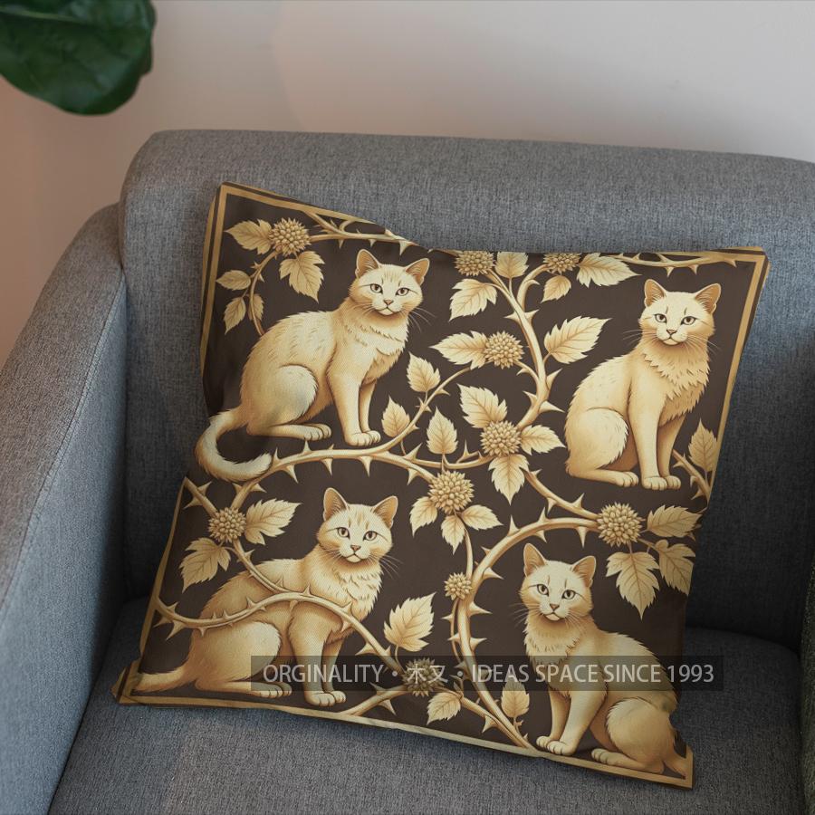 2D Golden Cats On Berry Branches Pillow Cover Pattern Cushion Cover Suitable For Sofa Bedroom Car Pillow Cover