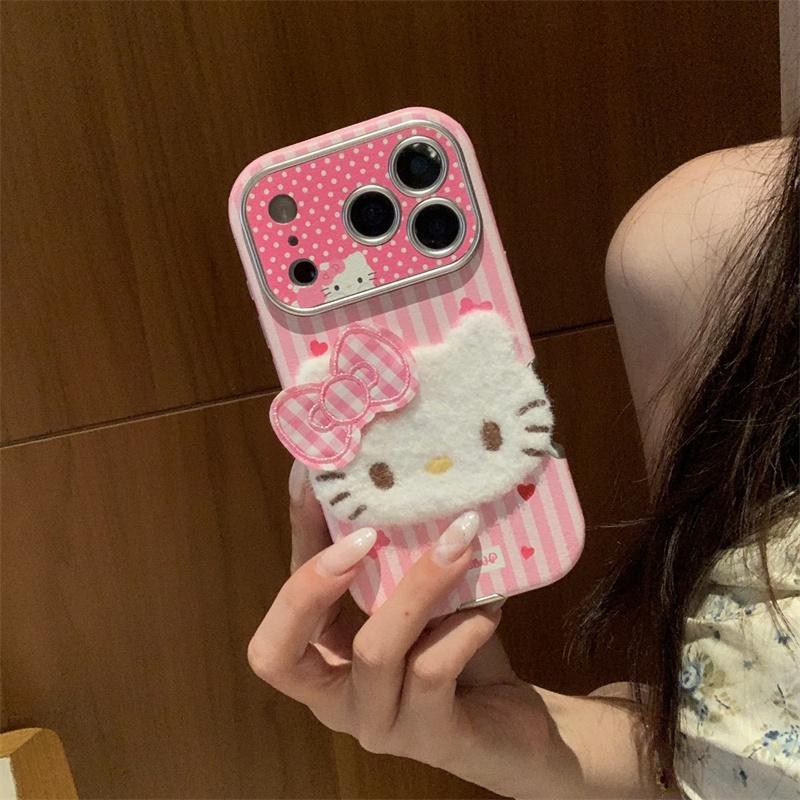 Fashion Pink Stripe Cute Hellokitty Phone Case For iPhone 17 Pro 16 15 14 Pro Max Cover with Hand Strap Shockproof Protective Ca