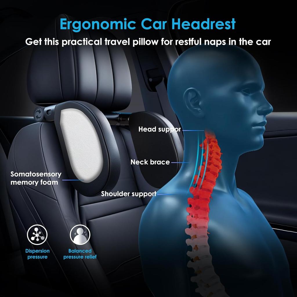 Memory Foam Car Pillow for Travel Adjustable Neck Support Cushion UniversalHeadrest for Passenger Seat