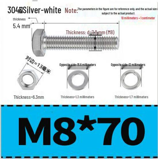 304 Stainless Steel Hex Head Bolt and Nut Set M6-M14, Lengths 8-100mm