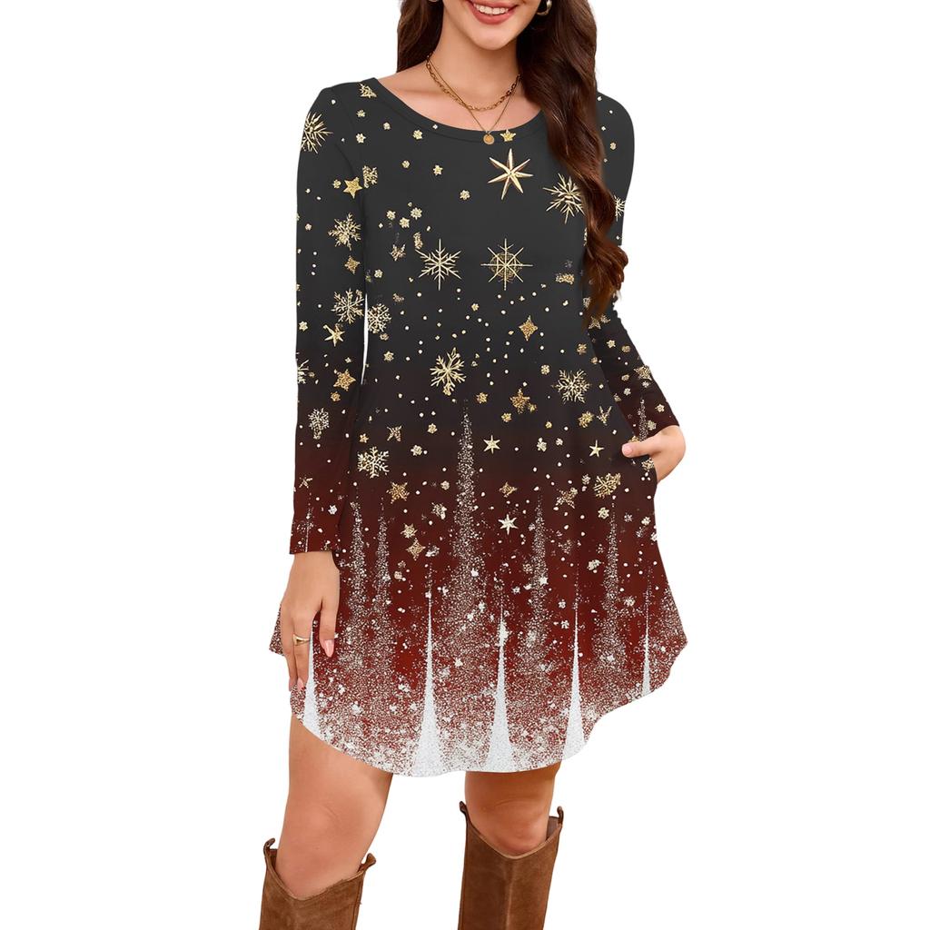 Women's Long-sleeved T-shirt Dress With Round Neck, Knee-length, Loose Fit, Casual And Pockets