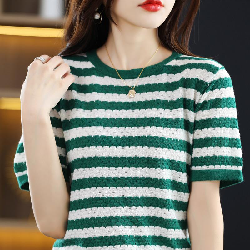 Thin Contrasting Striped Short-sleeved Summer New Round Neck Loose Pullover Versatile Hollow Fashionable Top