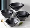 Black Melamine Tableware Black Matte Stripe Ramen Bowl Plastic Household Rice Noodle Salad Bowl Kitchen Dumpling Ramen Bowl Set