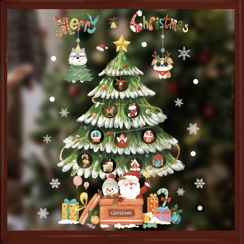 Cartoon Christmas Window Sticker Santa Claus Xmas Tree Double-Sided Glass Sticker Christmas Decoration for Home New Year 2025