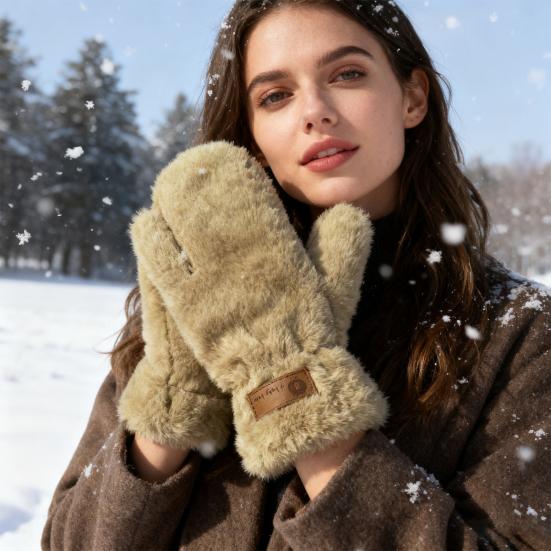 1 Pair Winter Faux Fur Mittens Soft Fluffy Fleece Plush Women Fingerless Gloves Outdoor Cold Weather Windproof Warm Thick Thermal Gloves