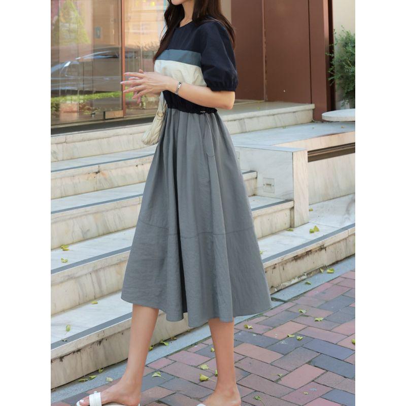 Plus Size Women's Clothing Chubby Girl K-style Round Neck Multicolor Fashion Loose Adjustable Waist Trimming Short-Sleeved Mid-Length Dress Dress