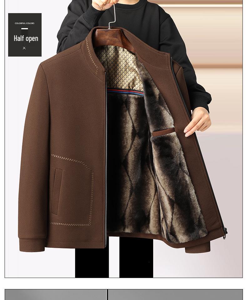Woodpecker Dad Winter Fleece-Lined Wool Coat for Middle-Aged and Elderly Men, Warm and Thickened, Sizes for 50s to 60s.