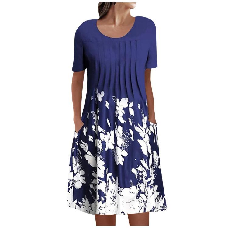 Women's Casual Summer Loose Round Neck Short Sleeve Pullover Dress Fashion Print