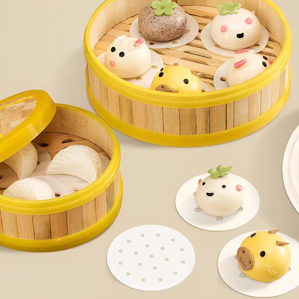 400pcs Air Fryer Liners, 4 inches Bamboo Steamer Liners, Premium Perforated Parchment Steaming Papers, Non-stick Steamer Mat Liner for Air Fryers